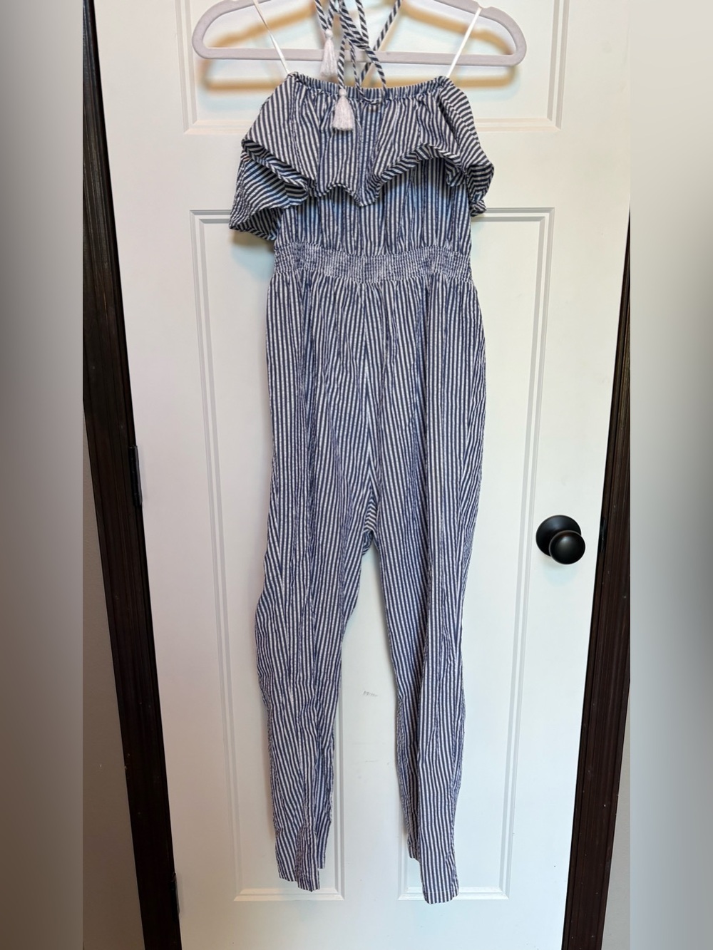 J. Crew Cropped Ocean Blue & White Searsucker Off the Shoulder Jumpsuit sz small